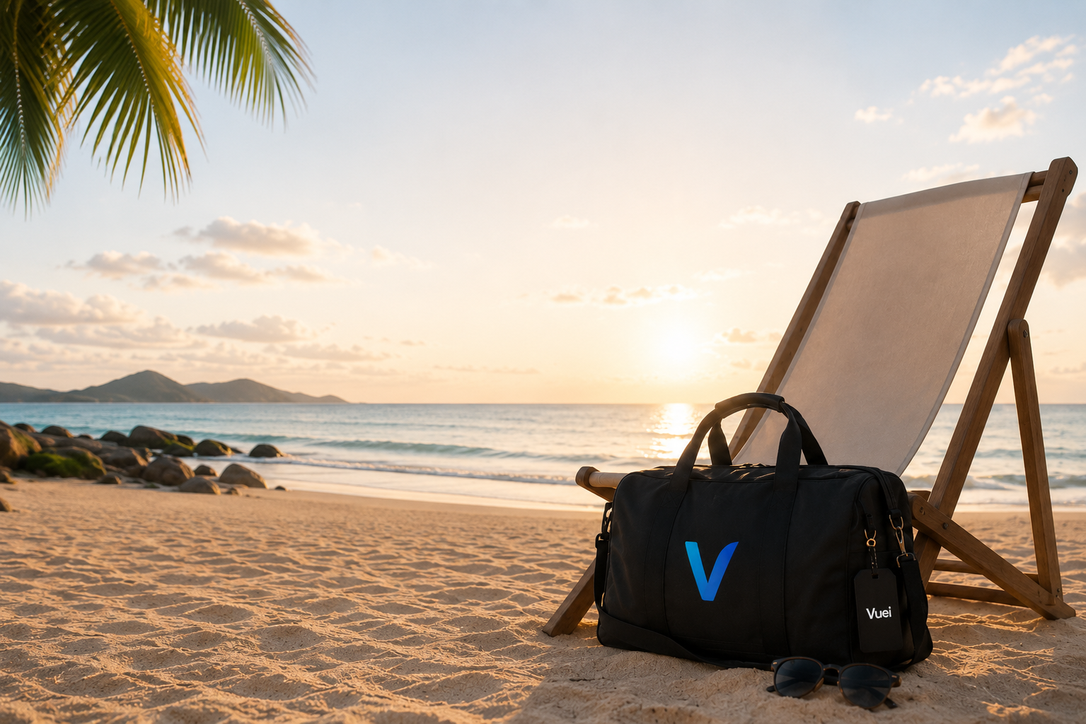 Praia ao entardecer com uma cadeira e uma bolsa de viagem Vuei